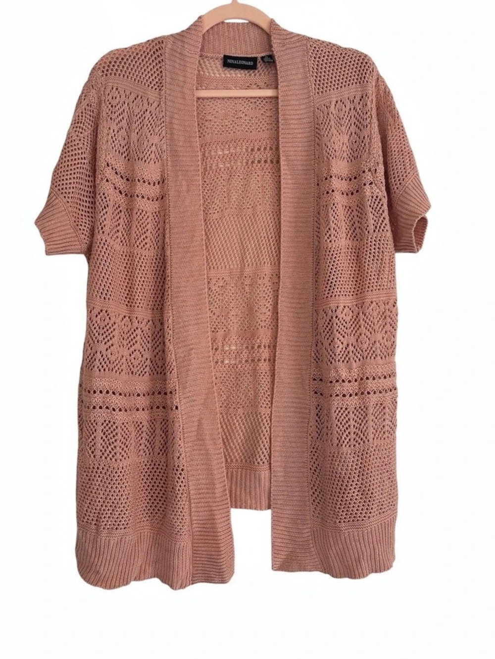 Nina Leonard Open Front Crochet Cardigan Pink